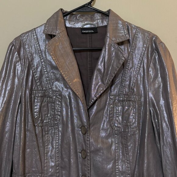 Bianca Womens Grey Silver Metallic Shimmer Button Down Jacket Size 42 / US 12 - Picture 3 of 4